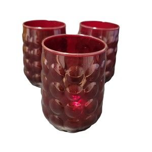 Set of 4 Vintage 1940s Anchor Hocking Bubble Ruby Red Tumbler Glasses 4.5‎ in